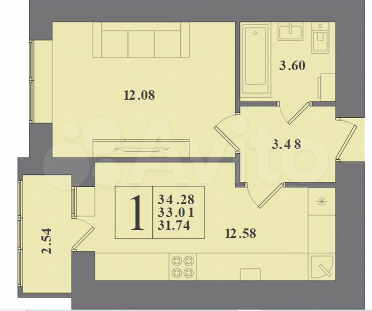 1-к. квартира, 33 м², 1/10 эт.