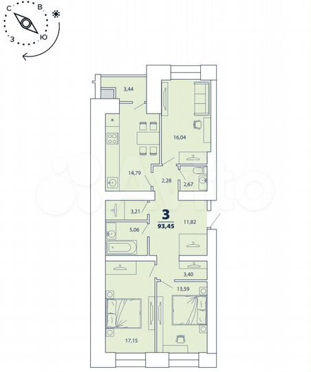 3-к. квартира, 93,5 м², 16/16 эт.