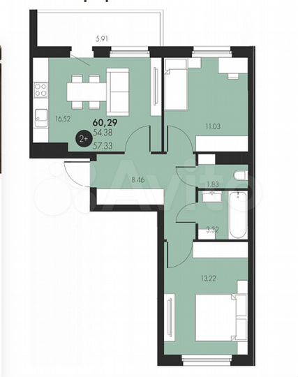2-к. квартира, 60,3 м², 10/16 эт.