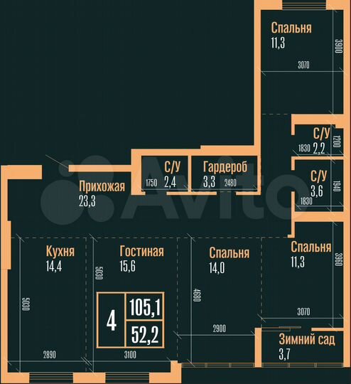 4-к. квартира, 105,1 м², 12/25 эт.
