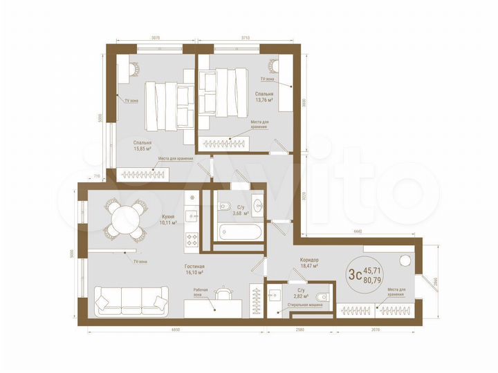 3-к. квартира, 80,8 м², 13/25 эт.