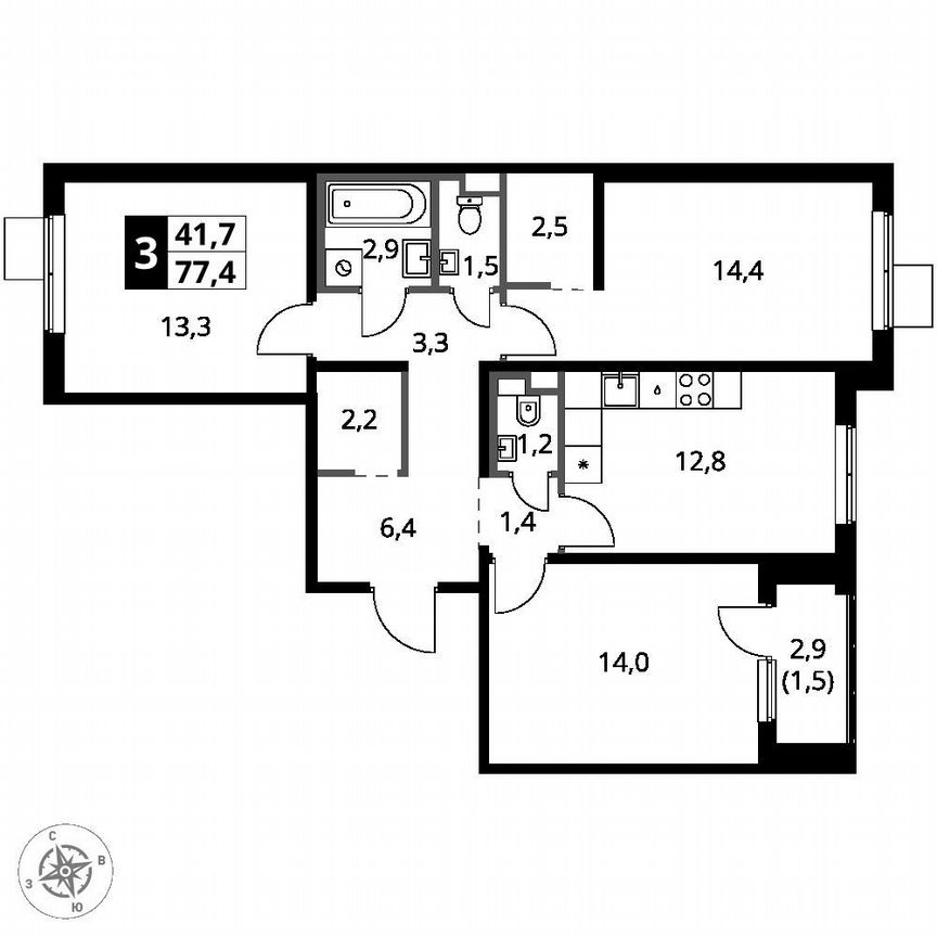 1-к. квартира, 77,4 м², 8/8 эт.