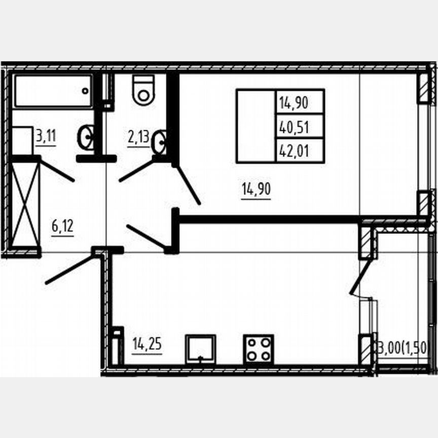1-к. квартира, 40,5 м², 4/4 эт.