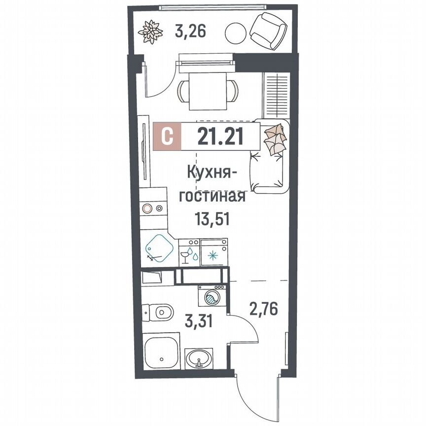 Квартира-студия, 21,2 м², 18/18 эт.
