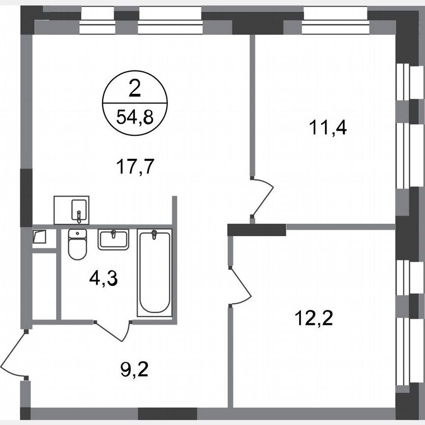 2-к. квартира, 54,8 м², 2/20 эт.