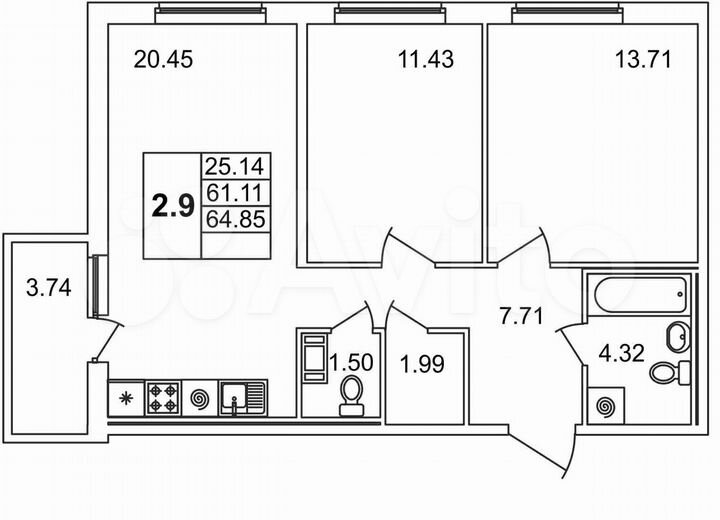 2-к. квартира, 64,9 м², 11/15 эт.