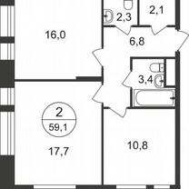 2-к. квартира, 59,1 м², 9/22 эт.