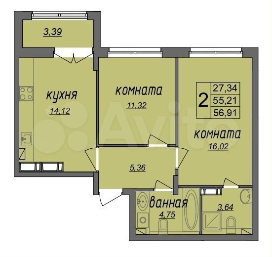 2-к. квартира, 56,9 м², 5/9 эт.