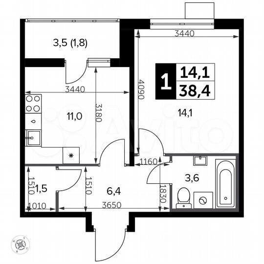1-к. квартира, 38,4 м², 11/20 эт.