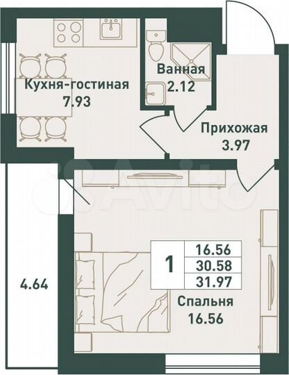 1-к. квартира, 32 м², 8/16 эт.
