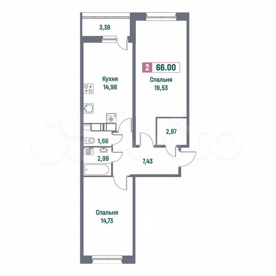 2-к. квартира, 66 м², 15/16 эт.