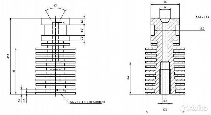 Радиатор экструдера E3D-V6 директ 1.75 мм с резьб