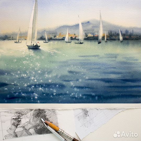 Картина акварель 25х35см Морской пейзаж с лодками