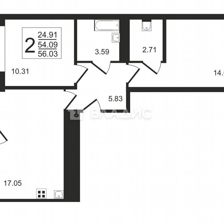 2-к. квартира, 54 м², 4/12 эт.