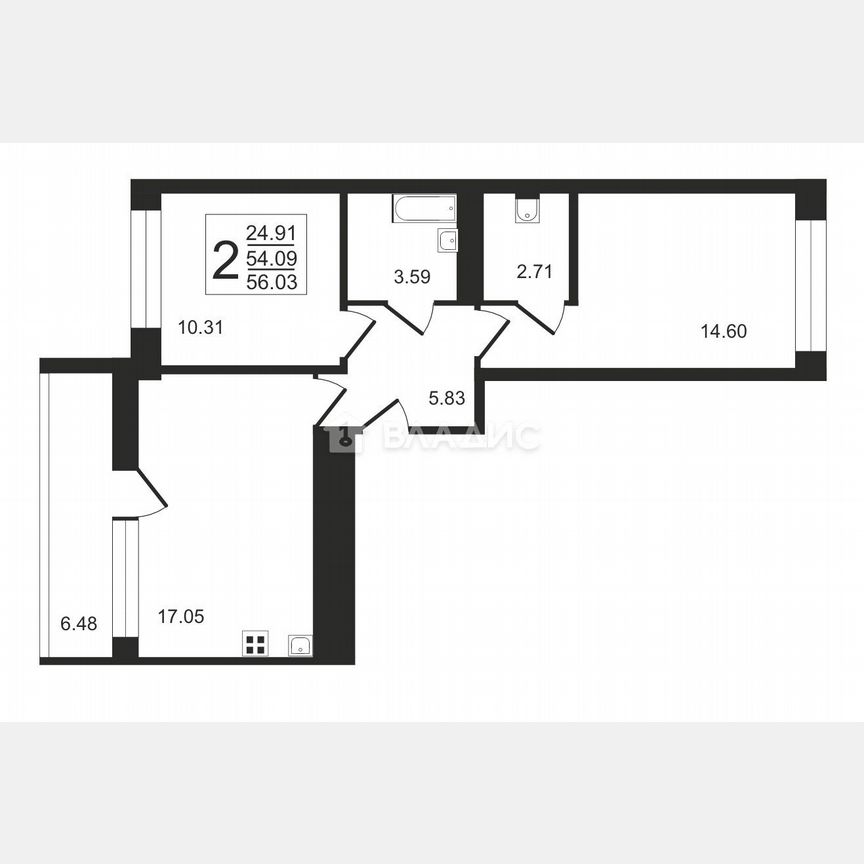 2-к. квартира, 54 м², 4/12 эт.