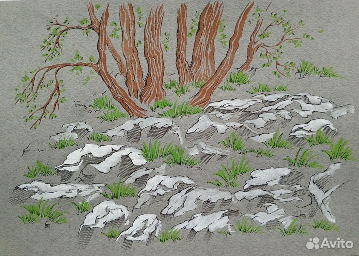 Графика. Пейзаж. Камни. Деревья