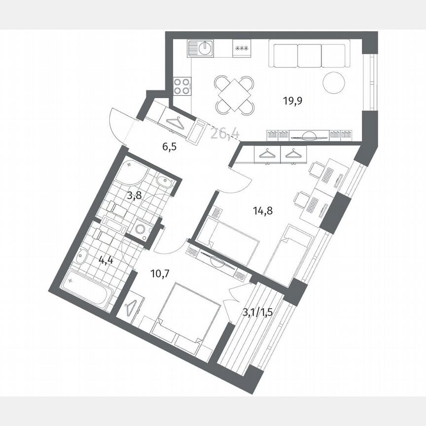 2-к. квартира, 61,7 м², 3/12 эт.