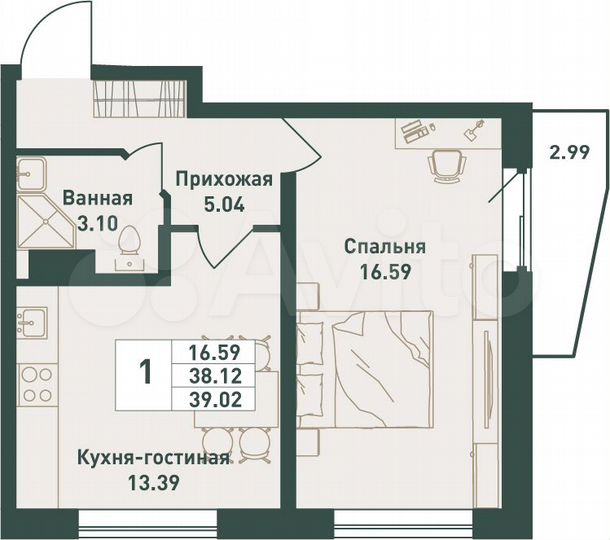 1-к. квартира, 39 м², 8/16 эт.