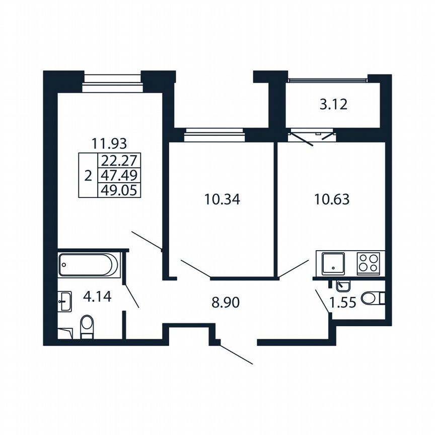 2-к. квартира, 49,1 м², 12/12 эт.