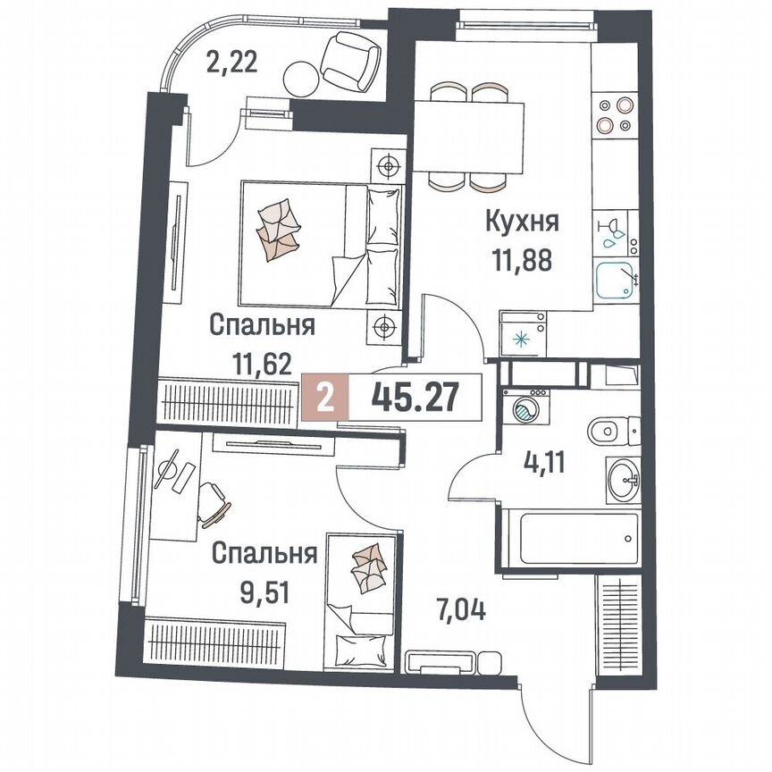 2-к. квартира, 45,3 м², 11/18 эт.