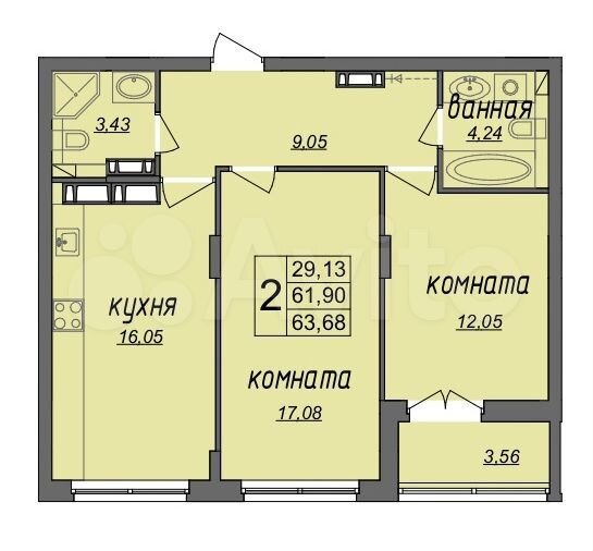 2-к. квартира, 63,7 м², 6/9 эт.