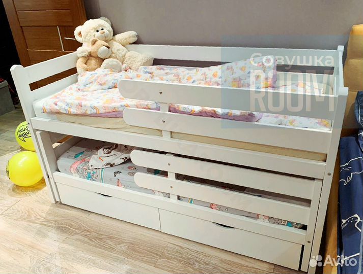 Кровать выкатная для двоих детей из бука