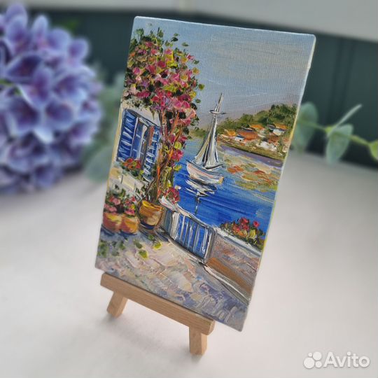 Картина маслом пейзаж берег моря средиземноморье