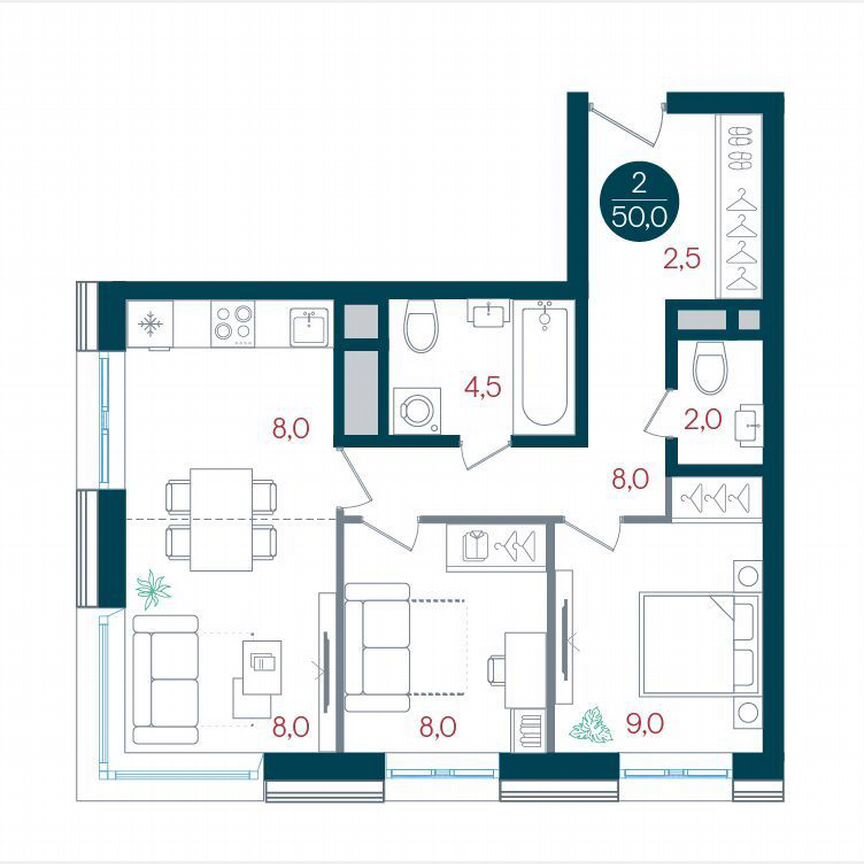 2-к. квартира, 50 м², 8/32 эт.