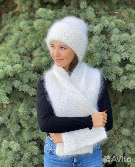 Шапка вязаная пуховая женская Шарф белый пуховый