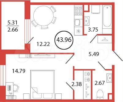1-к. квартира, 44 м², 9/12 эт.