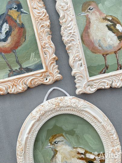 Картины маслом Птицы 15х12 в гипсовых рамках