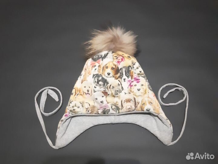Шапка детская зимняя с помпоном енот 50-54 собачки
