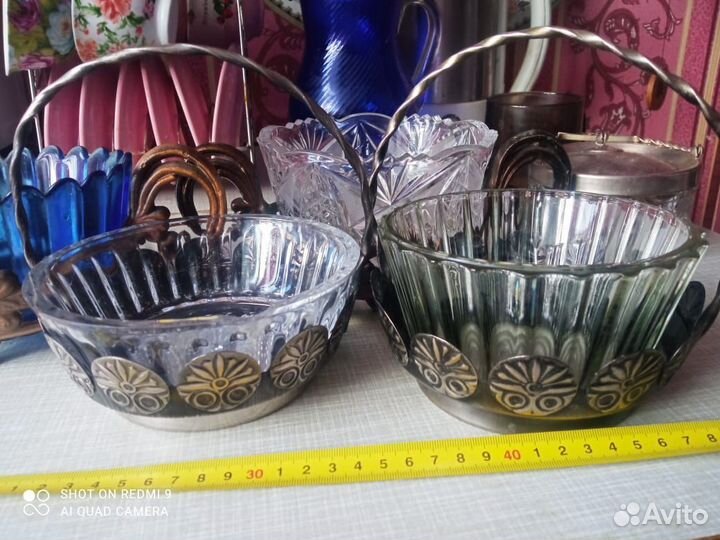 Конфетница Стекло Латунь Мельхиор Хрусталь СССР