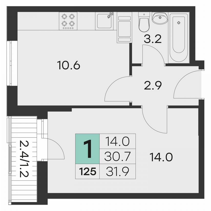 1-к. квартира, 31,9 м², 7/9 эт.
