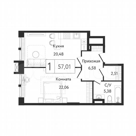 1-к. квартира, 57 м², 5/23 эт.