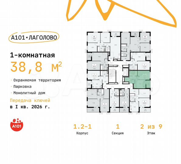 1-к. квартира, 38,8 м², 2/9 эт.