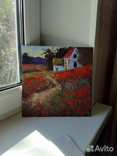 Картина на холсте маковое поле дом на холме