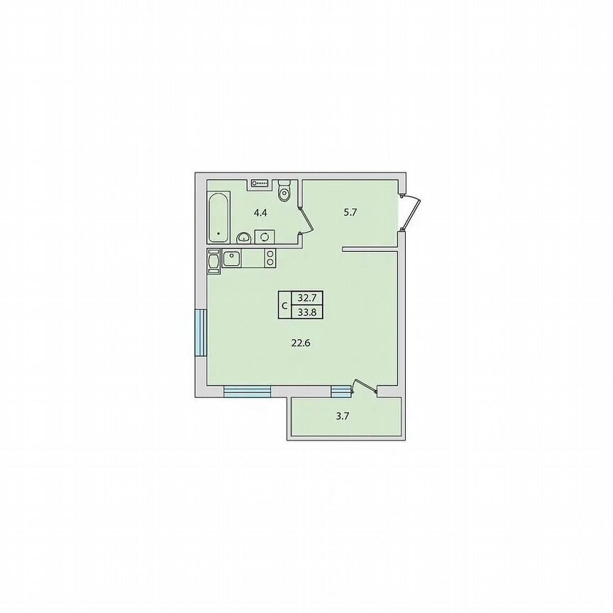 Квартира-студия, 33,8 м², 4/12 эт.