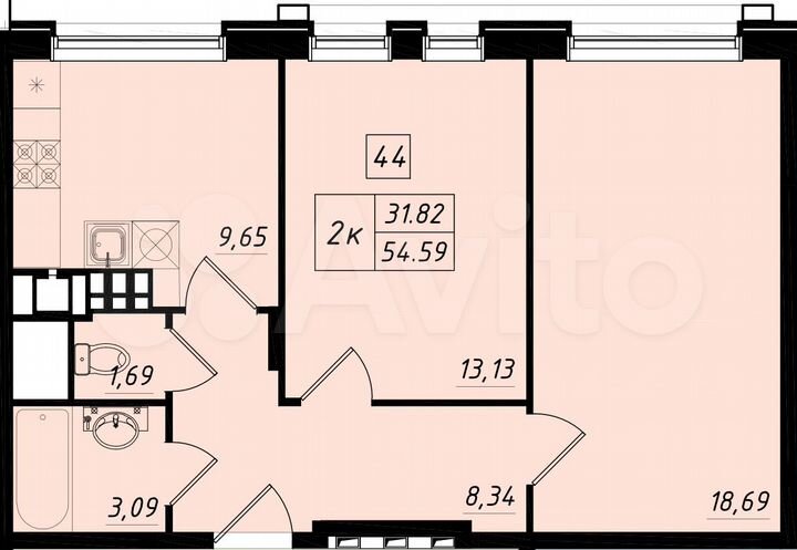 2-к. квартира, 54,6 м², 3/4 эт.