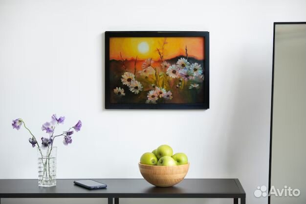 Картина маслом. Цветы. Ромашки на закате