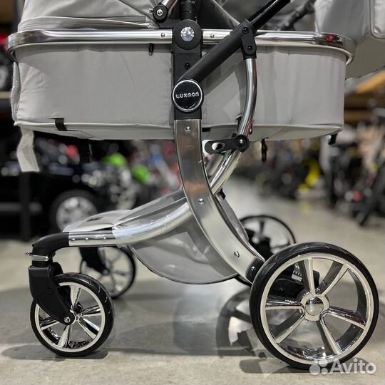 Новая коляска трансформер 2в1 серебристая эко кожа