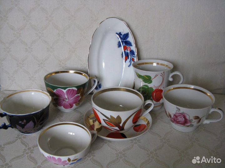 Фарфор советский, пара, чашка, лфз, золотой завит