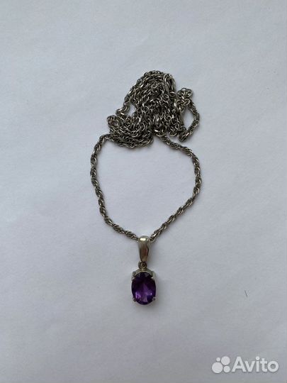 Серебряная цепь и кулон с аметистом. 55 см