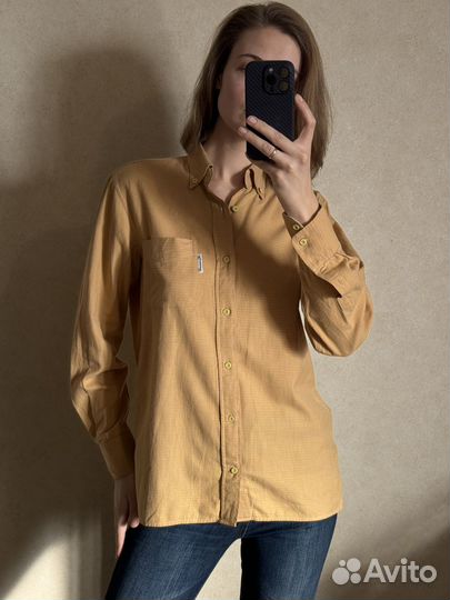 Желтая хлопковая рубашка в клетку, 48-50 р