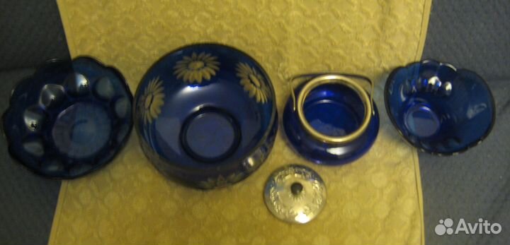 Синее резное стекло хрусталь из СССР