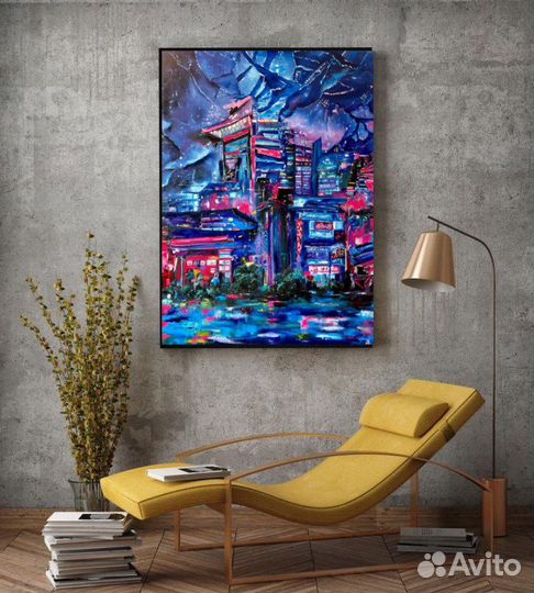 Большая интерьерная Картина маслом Неоновый город