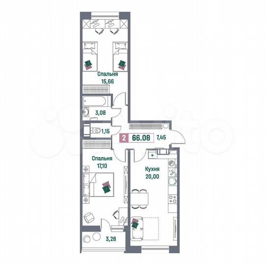 2-к. квартира, 66,1 м², 16/16 эт.