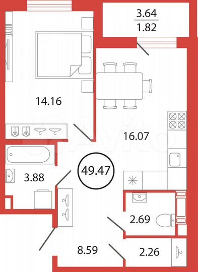 1-к. квартира, 49,5 м², 8/12 эт.