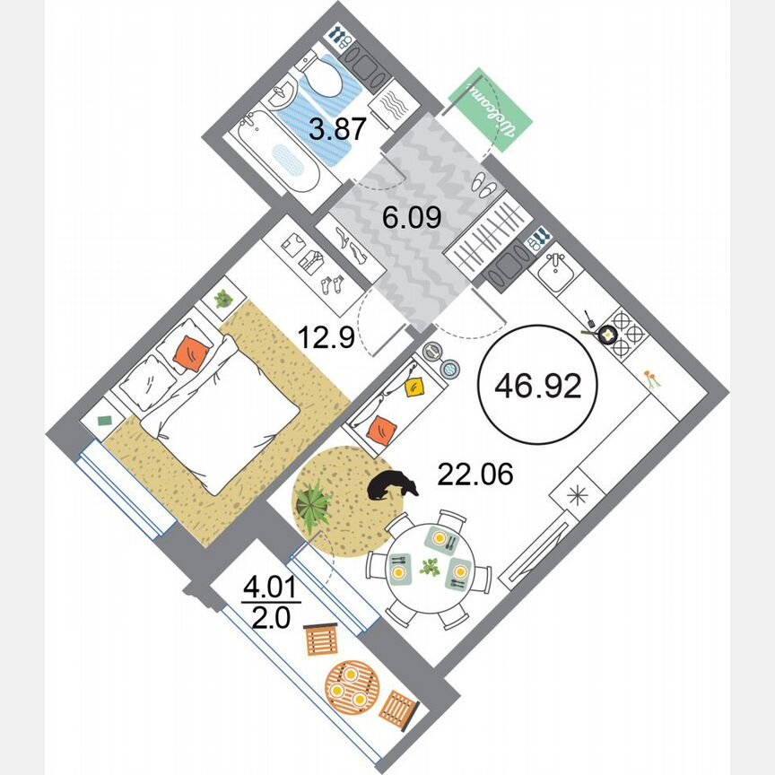 1-к. квартира, 46,9 м², 9/12 эт.