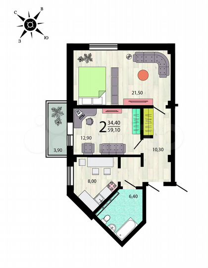 2-к. квартира, 58,5 м², 4/9 эт.